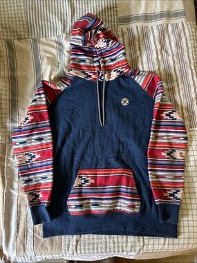 Howler Brothers Navy Hoodie with Red Aztec-Patterned Sleeves